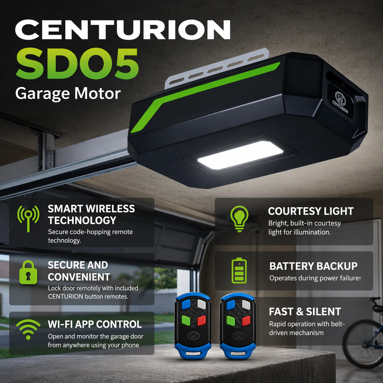 Centurion SD05 garage door motor with battery backup features